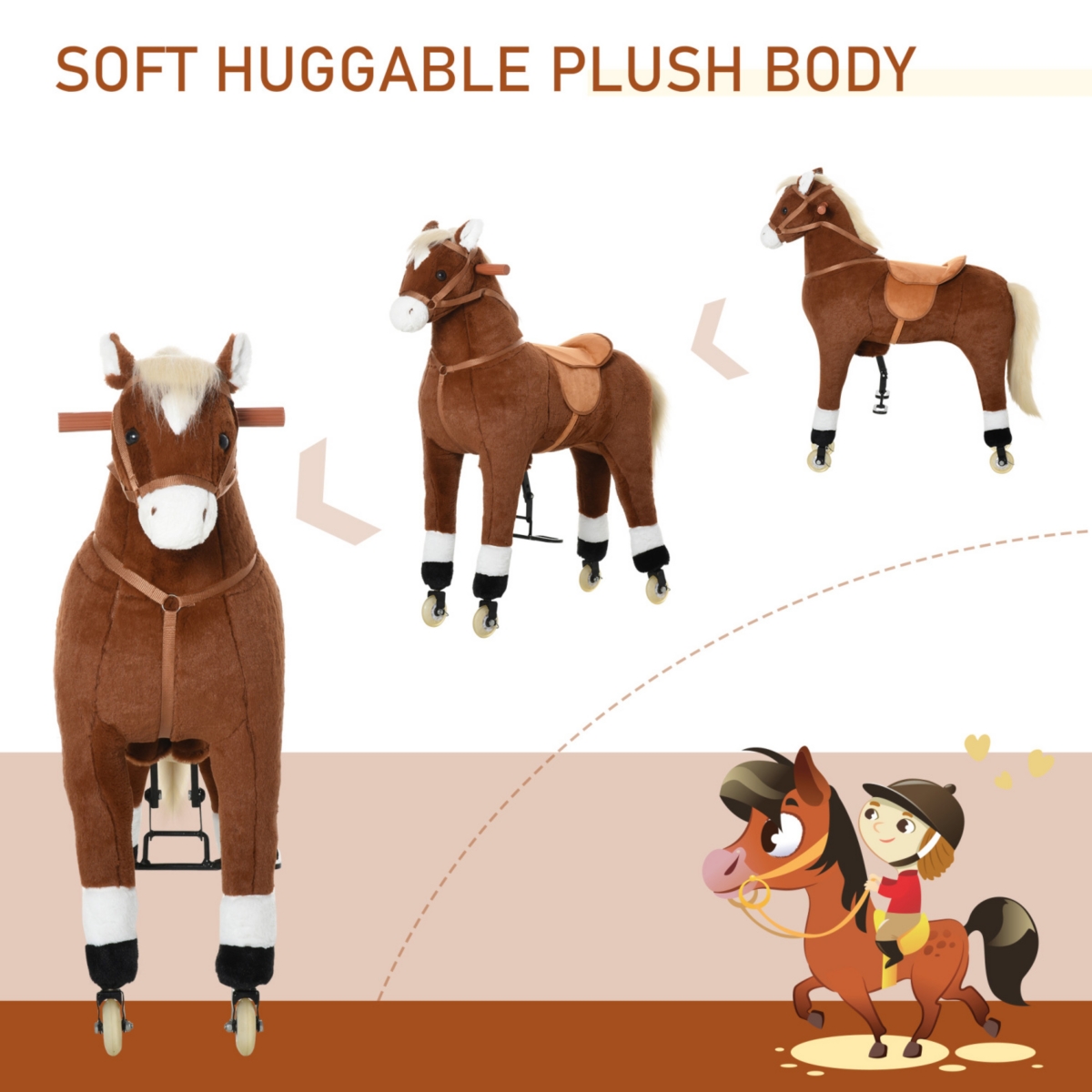 Streamdale Furniture Kids Ride-on Walking Horse with Easy Rolling Wheels, Soft Huggable Body, & a Large Size for Kids 5-16 Years