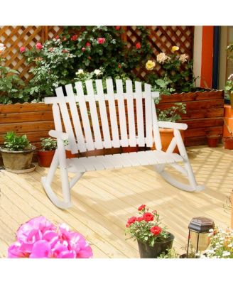Outdoor Wooden Rocking Chair, Double-Person Rustic Adirondack Rocker with Slatted Seat, High Backrest, Armrests for Patio, Garden and Porch, White