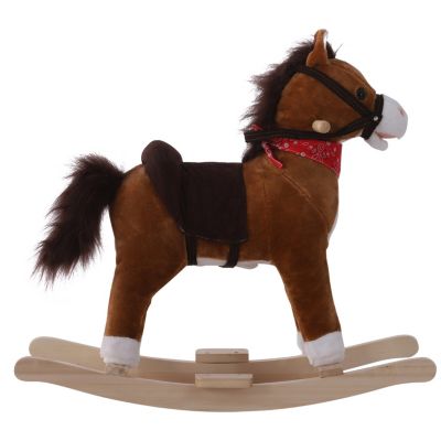 Kids Ride on Rocking Horse Plush Toy with Realistic Sounds and Red Scarf for Over 3 Years Old Birth Gift