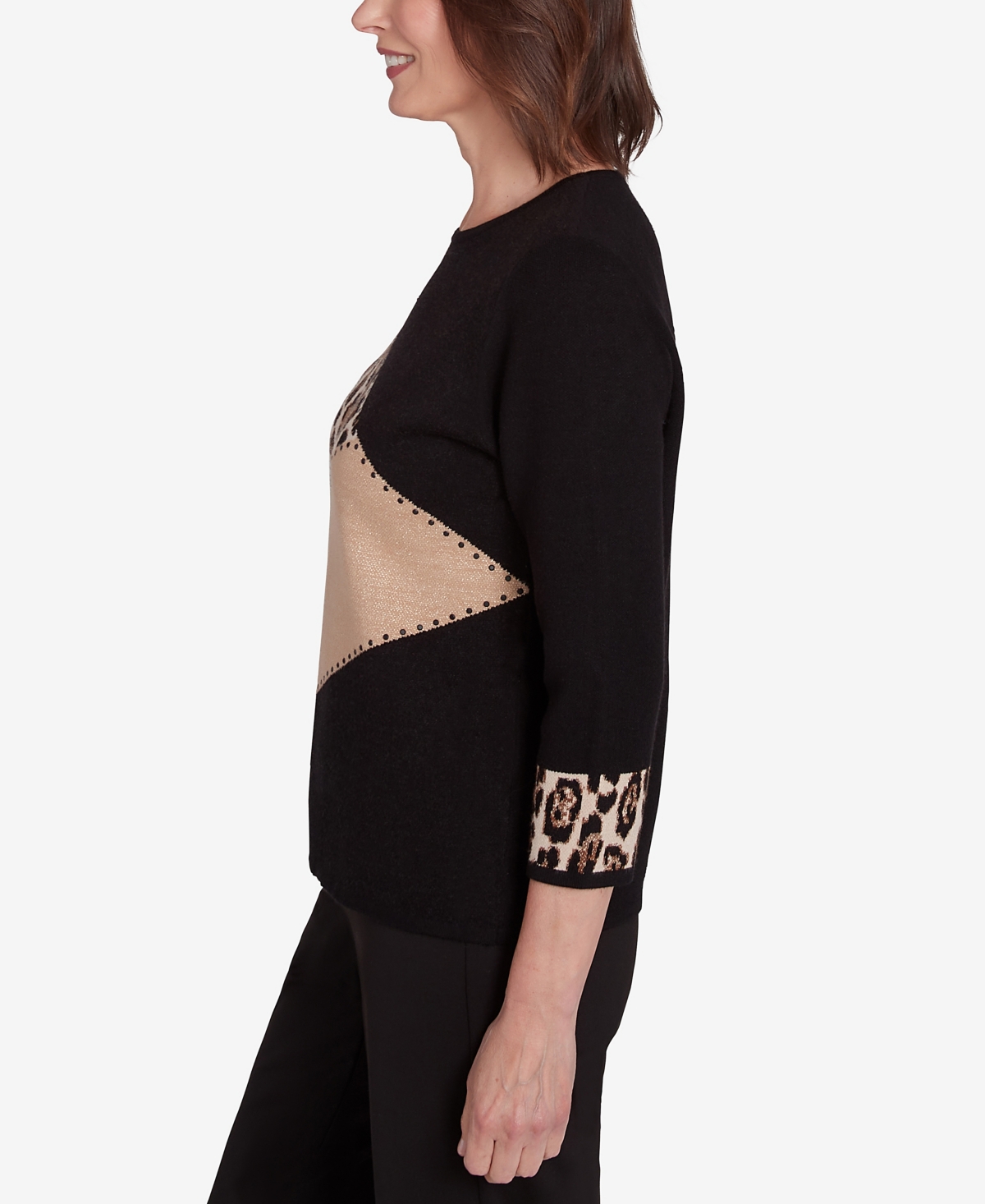 Alfred Dunner Petite Rue Rivoli Animal Trim Color Block Three Quarter Sleeve Sweater