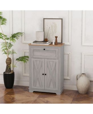 Farmhouse Barn Door Accent Cabinet, Kitchen Sideboard Storage Cabinet with Double Doors, Drawer, and Adjustable Shelf for Bedroom, Living Room, Light Gray