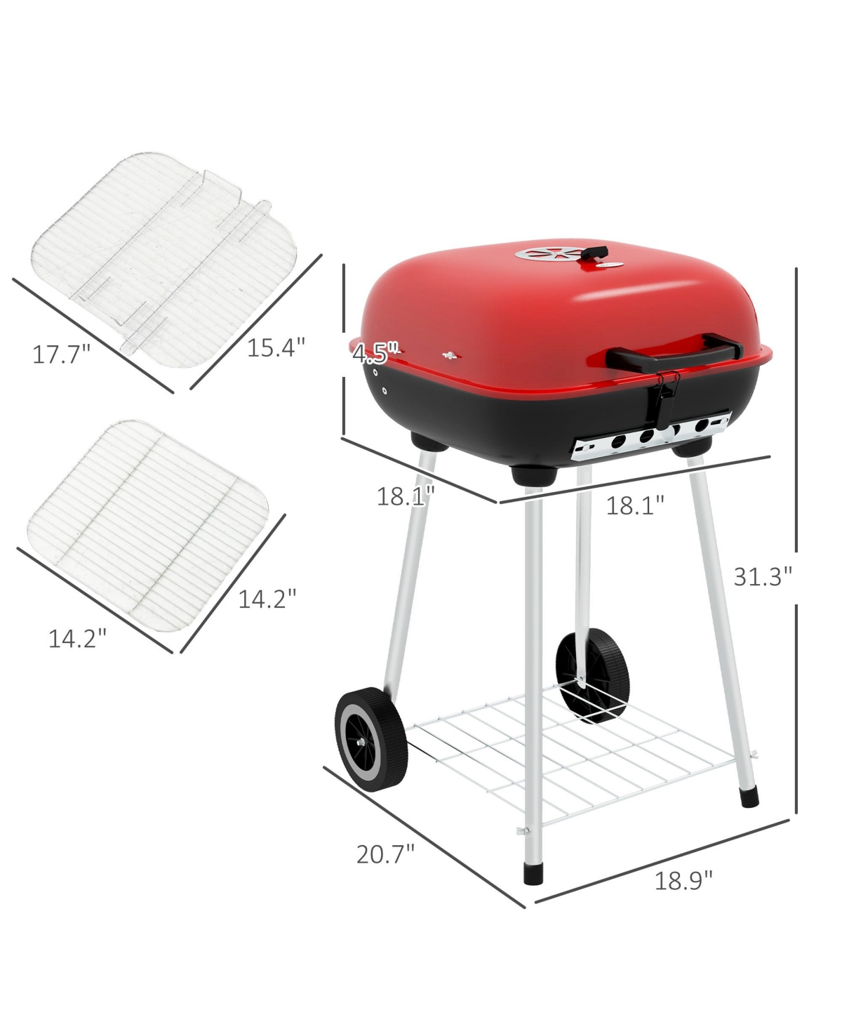 Streamdale Furniture Portable Charcoal Grill with Bottom Shelf, Bbq Smoker with Wheels and Adjustable Vents on Lid for Picnic Camping Backyard Cooking