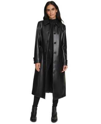 Women's Belted Faux-Leather Trench Coat