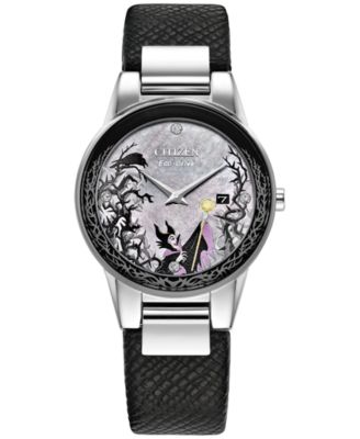 Eco-Drive Women's Disney Villains Maleficent's Charm Black Leather Strap Watch 30mm Boxed Set