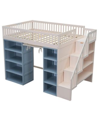  Full Size Loft Bed with 2 Four-layer Storage Cabinets and Curtain