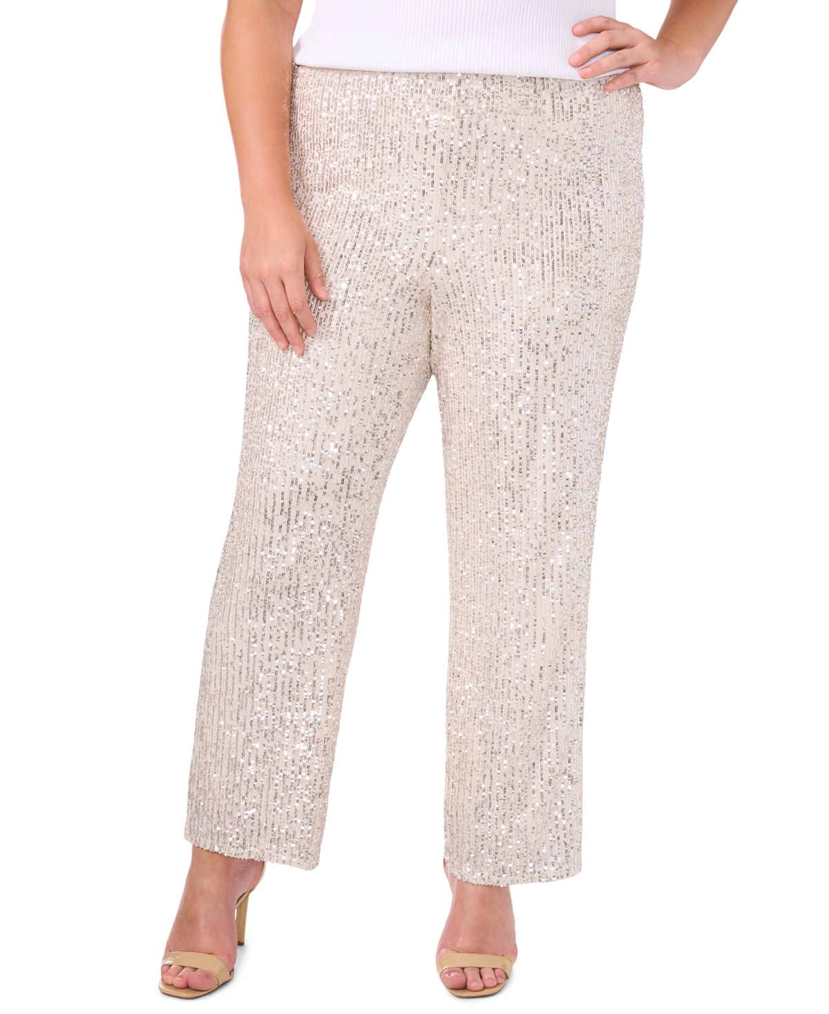 Plus Size Sequined Mesh Pull-On Palazzo Pants - Silver