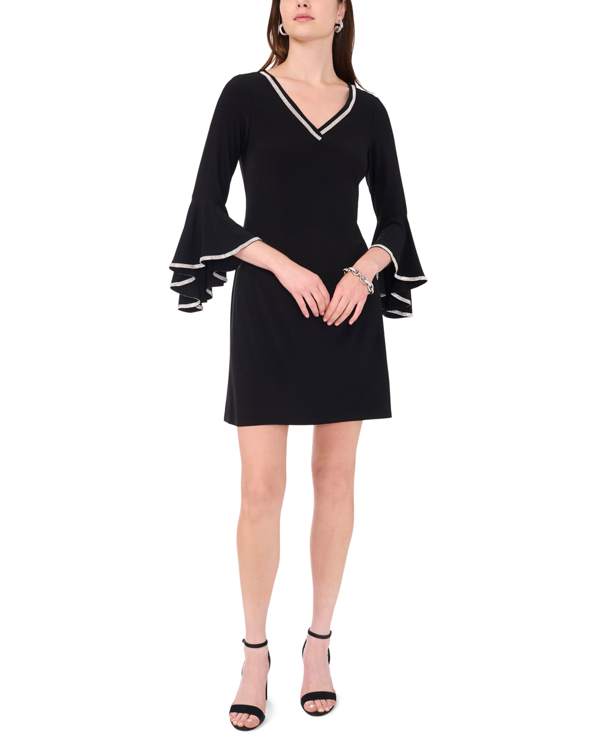 MSK WOMEN'S METALLIC-TRIM BELL SLEEVE SHIFT DRESS 