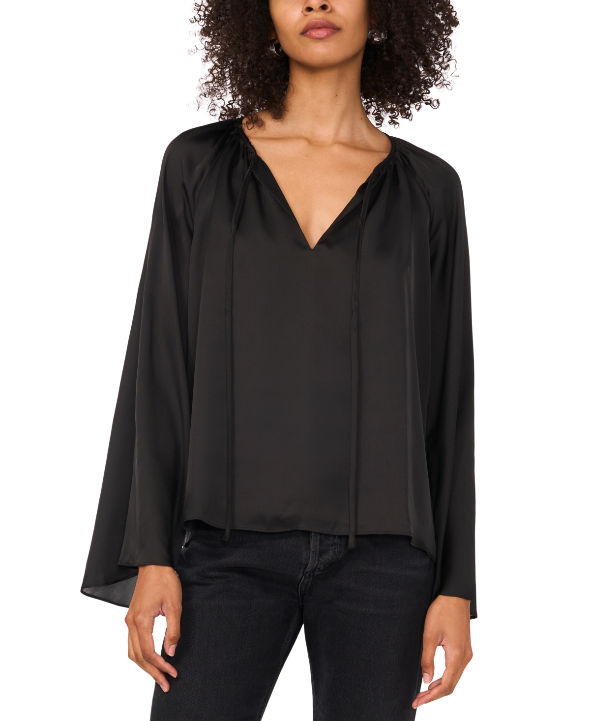 Women's Wide Flutter-Sleeve Tie-Neck Top - Rich Black