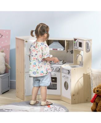 Ultra-Big Corner Kids Kitchen Playset with Sound Effects, Wooden Play Kitchen with Stainless Steel Cooking Toys, Imaginative Pretend Toy for Ages 3-6 with Phone, Ice Maker