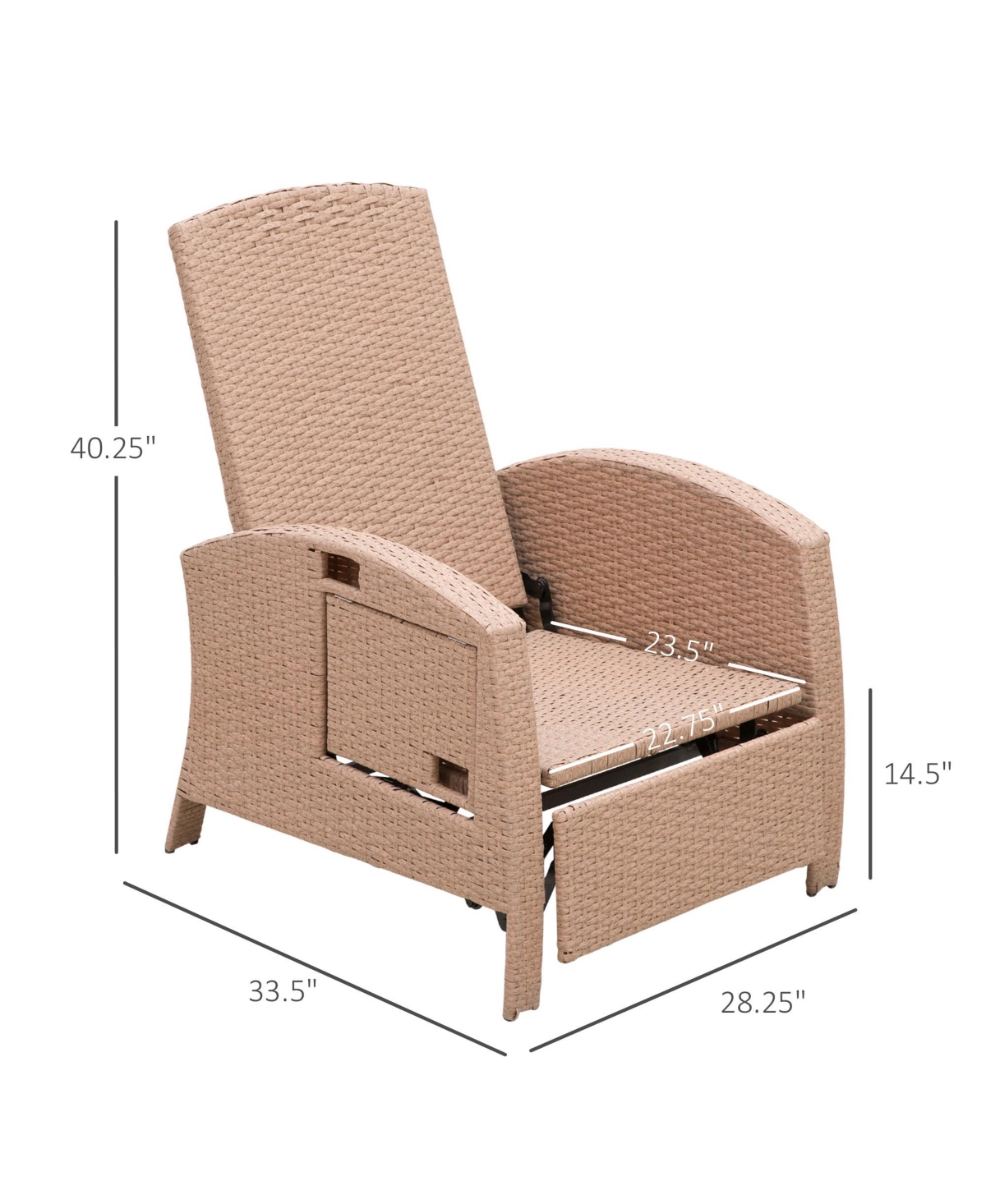 Streamdale Furniture Patio Recliner, Outdoor Reclining Chair with Flip-Up Side Table, All-Weather Wicker Metal Frame Chaise with Footrest, Cushions, B