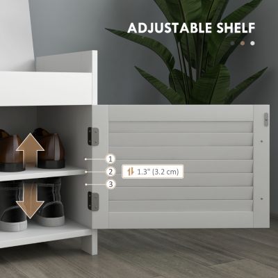 Shoe Bench, Entryway Bench with Shoe Storage, Cushion, Hidden Compartments, Adjustable Shelves and Shutter Doors, 35.4" Shoe Organizer for Entryway, Hallway, Holds Up to 352 lbs., White
