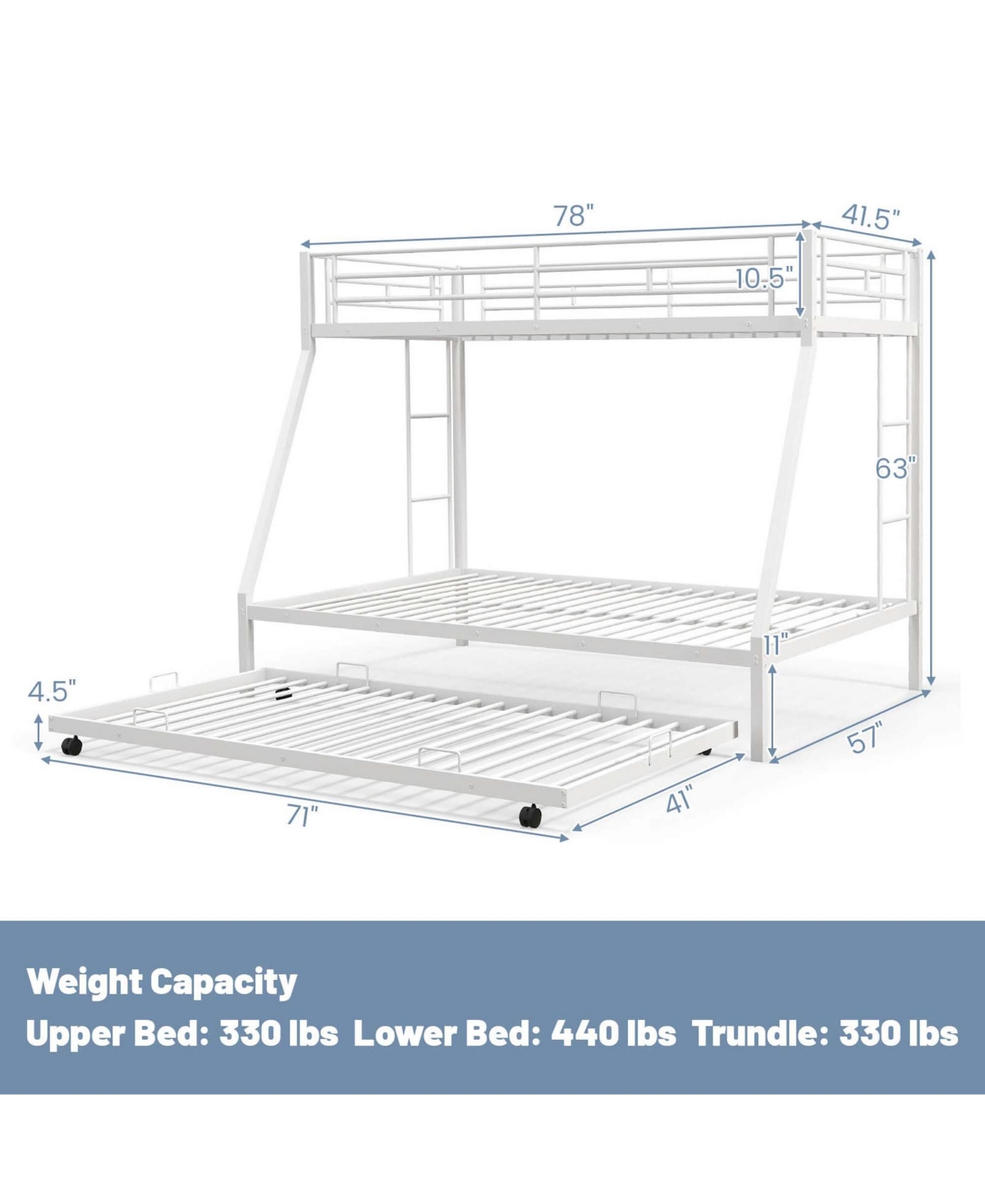 Costway Twin Over Full Metal Slats Bunk Bed Frame with Trundle, Guard Rail & Ladders