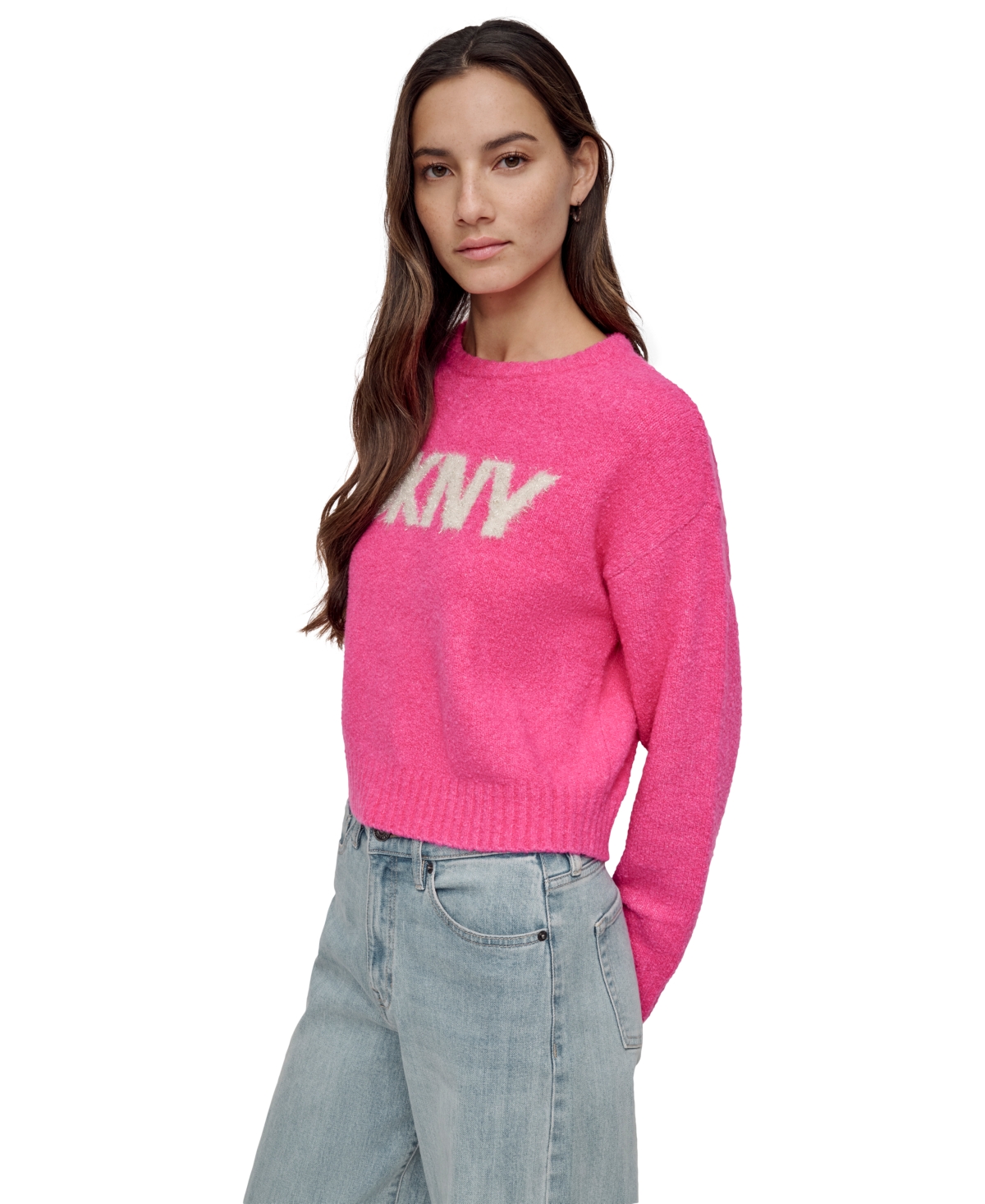 Shop Dkny Jeans Women's Tinsel Logo Boucle Sweater In J1l - Fstv Pk,gold