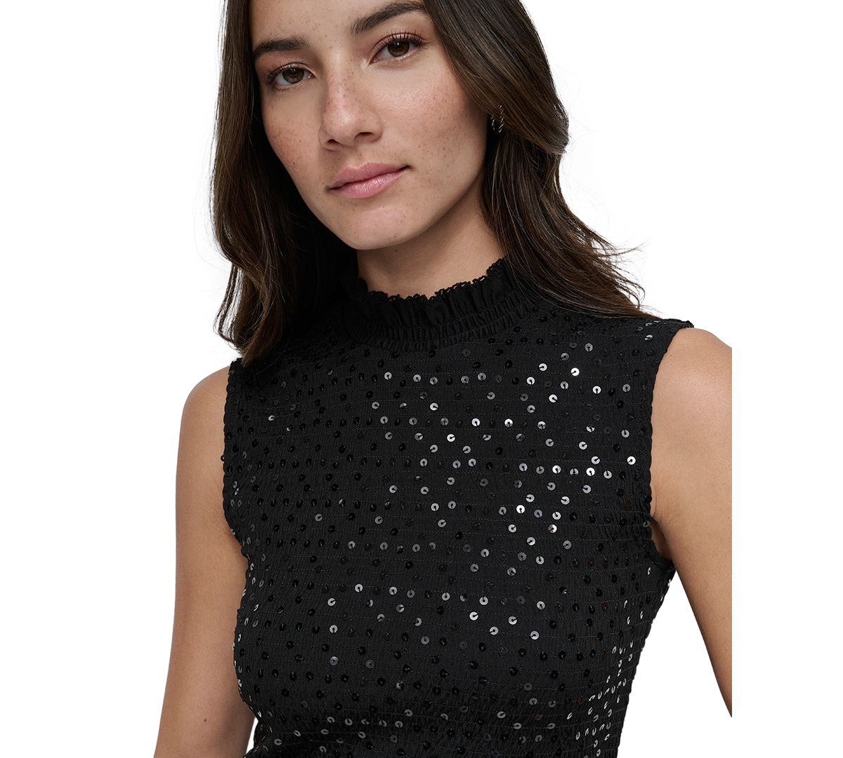 DKNY JEANS WOMEN'S SEQUIN SMOCKED SLEEVELESS TOP 