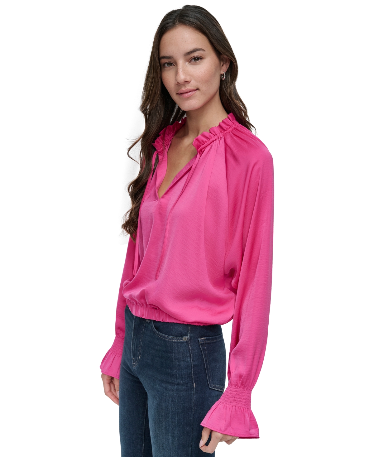 Shop Dkny Jeans Women's Smocked-cuff Raglan-sleeve Blouse In Jgw - Festive Pink