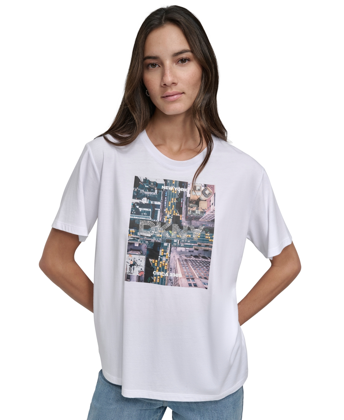 Dkny Jeans Women's Aerial Photo Print Rhinestone Logo T-Shirt - WHT - WHITE