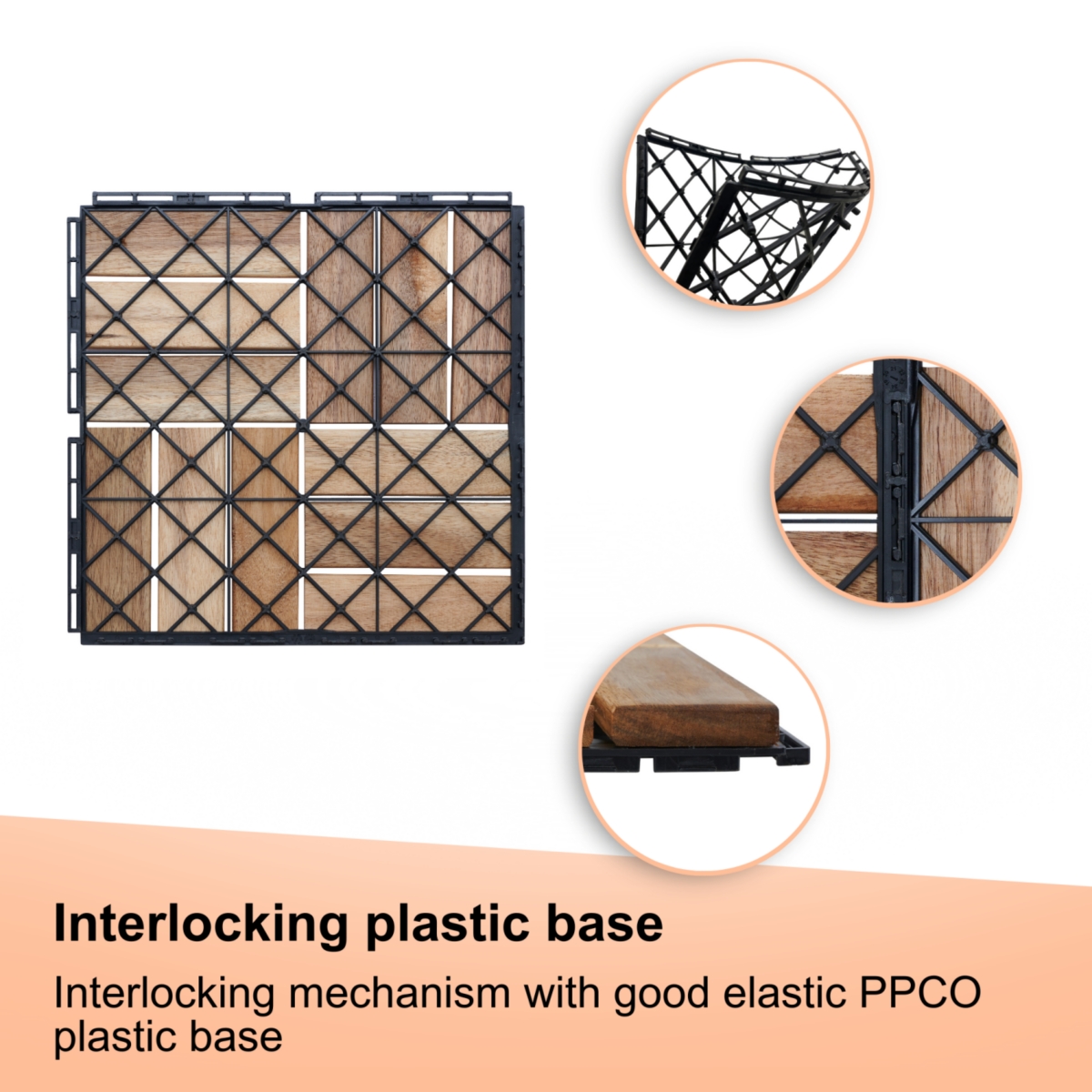 10 Pcs Interlocking Deck Tiles Checker Pattern, 12" x 12" Square Yellow Acacia Hardwood Outdoor Flooring for Patio, Bancony, Pool Side,...