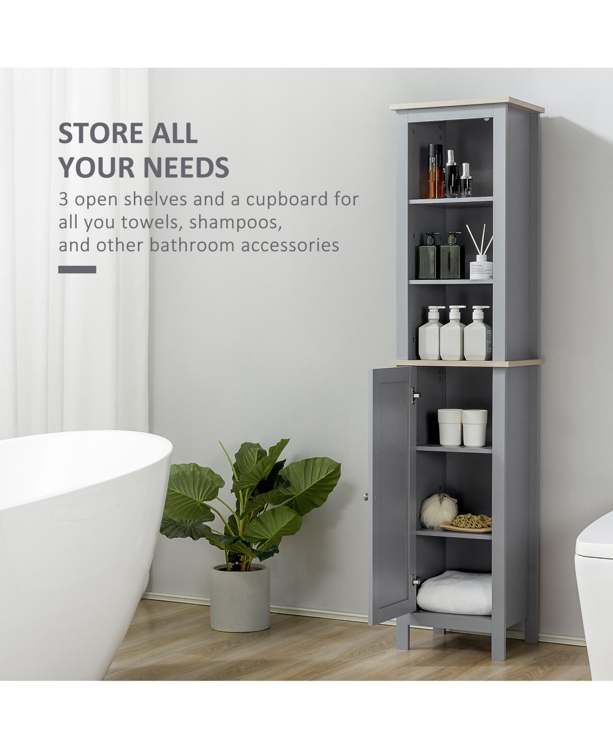 Streamdale Furniture Tall Bathroom Storage Cabinet with 3 Tier Shelf, Door, Free Standing Linen Tower, Slim Side Organizer,- Grey