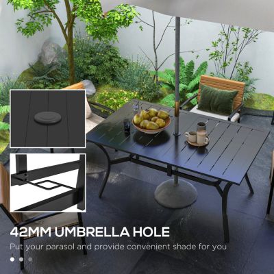 Rectangle Outdoor Dining Table for 6 People, Steel Rectangular Patio Table with Umbrella Hole, Steel Frame for Garden, Balcony, Black