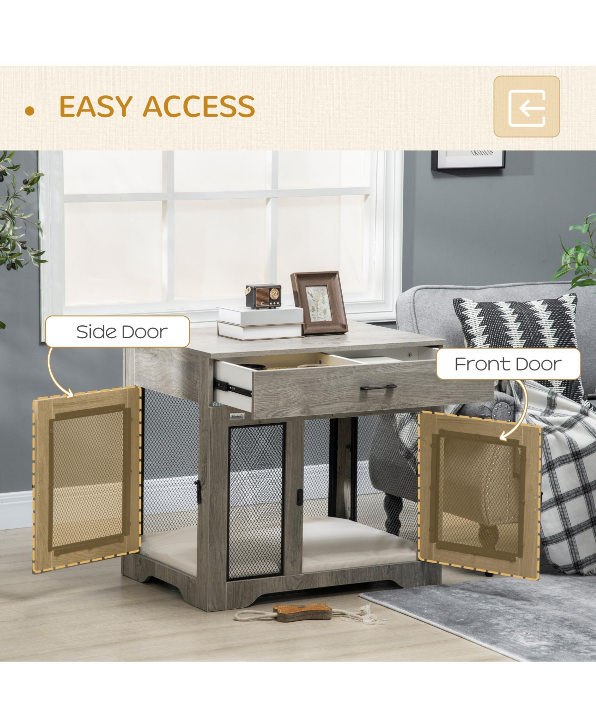 Streamdale Furniture Dog Crate Furniture with Soft Water-Resistant Cushion, Dog Crate End Table with Drawer, Puppy Crate for Small Dogs Indoor with 2