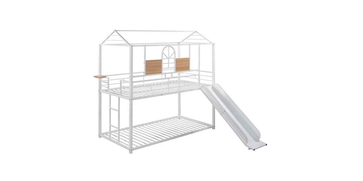 Slickblue Twin Over Twin Metal Bunk Bed ,Metal Housebed With Slide,Three Colors Available