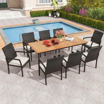 9 PCS Patio Dining Set Outdoor Acacia Wood Table with 1.9" Umbrella