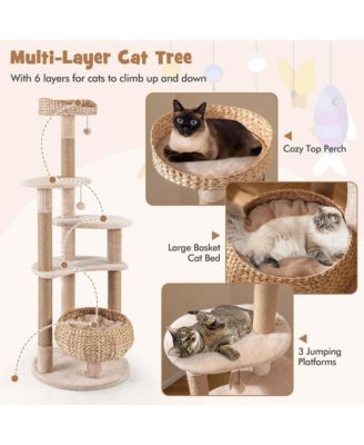 65" Cattail Cat Tower with Jute Scratching Posts Perch Basket Bed Dangling Balls