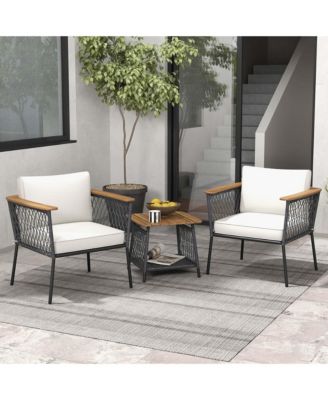 3 PCS Patio Furniture Set with 2-Tier Coffee Table Acacia Wood Armrests Tabletop