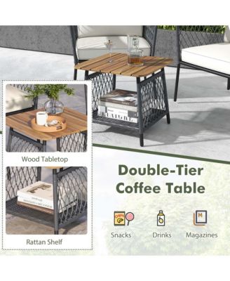 3 PCS Patio Furniture Set with 2-Tier Coffee Table Acacia Wood Armrests Tabletop