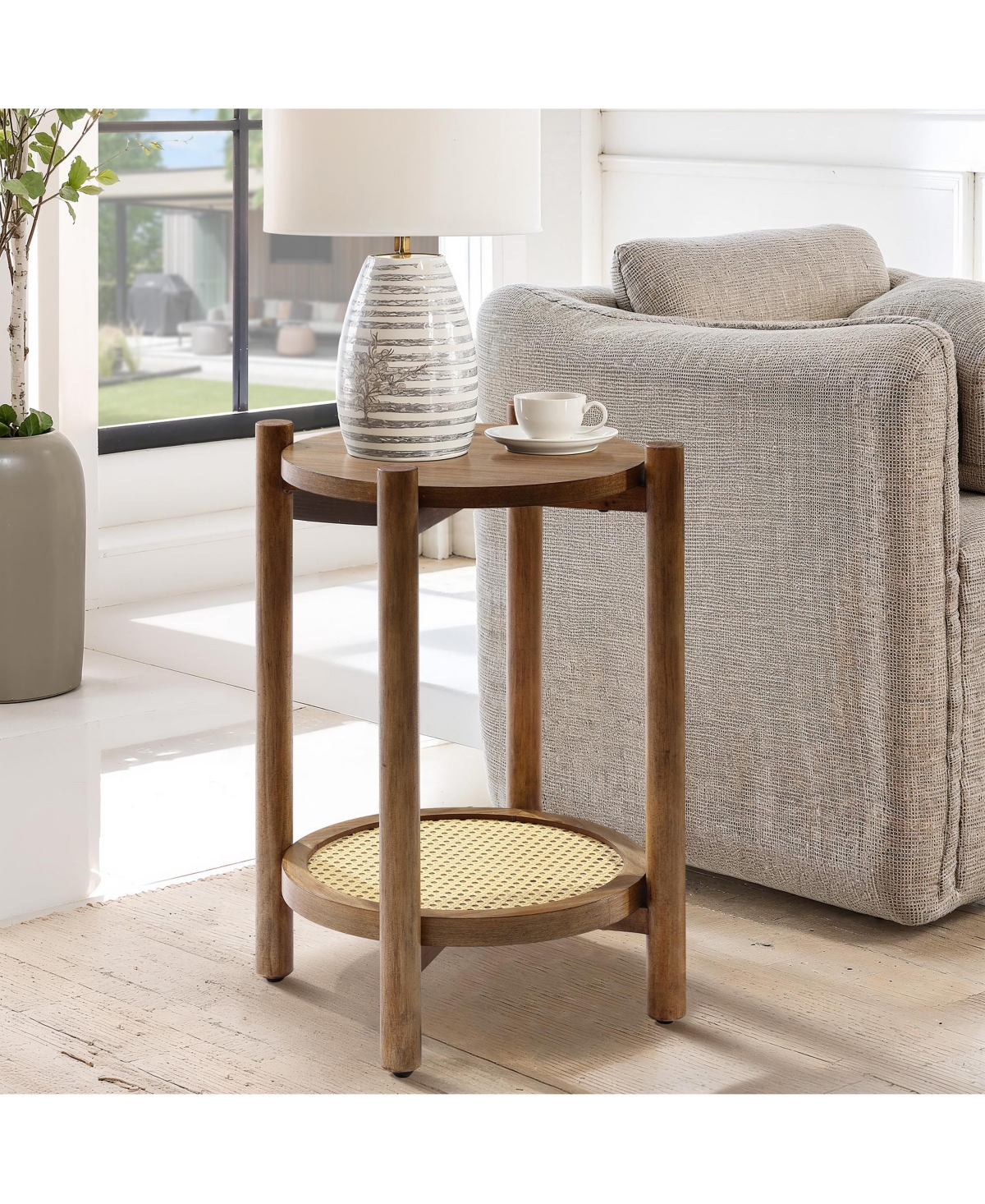 Luxenhome Chestnut Finish Pine And Mdf Wood Accent Round Table With Rattan Shelf In Brown