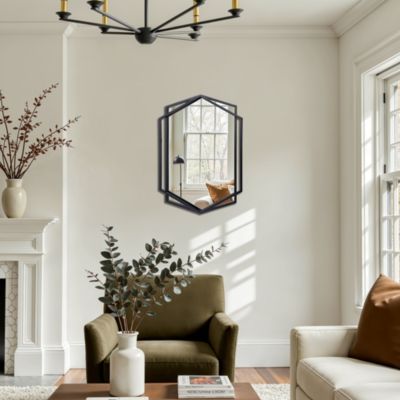 32" Black Metal Hexagon Frame Wall Accent Mirror Wall Mounted Bathroom Vanity Mirror Decor