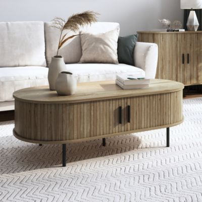 Standard Wood Slatted Sliding Doors Storage Mid-Century Modern Oval Coffee Table
