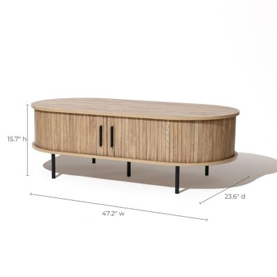 Standard Wood Slatted Sliding Doors Storage Mid-Century Modern Oval Coffee Table