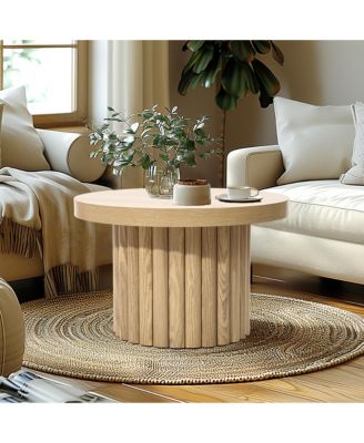 End Table 23.6"Wide Brown Wood Fluted Round Coffee Table and Side Table for Living Room