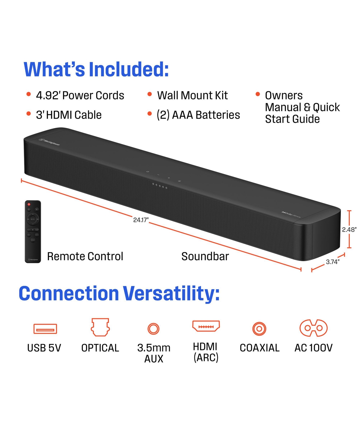 Westinghouse 2.0 Channel Mini Sound Bar with Dolby Atmos and Dolby Digital Plus, Bluetooth and with Roku Tv Ready
