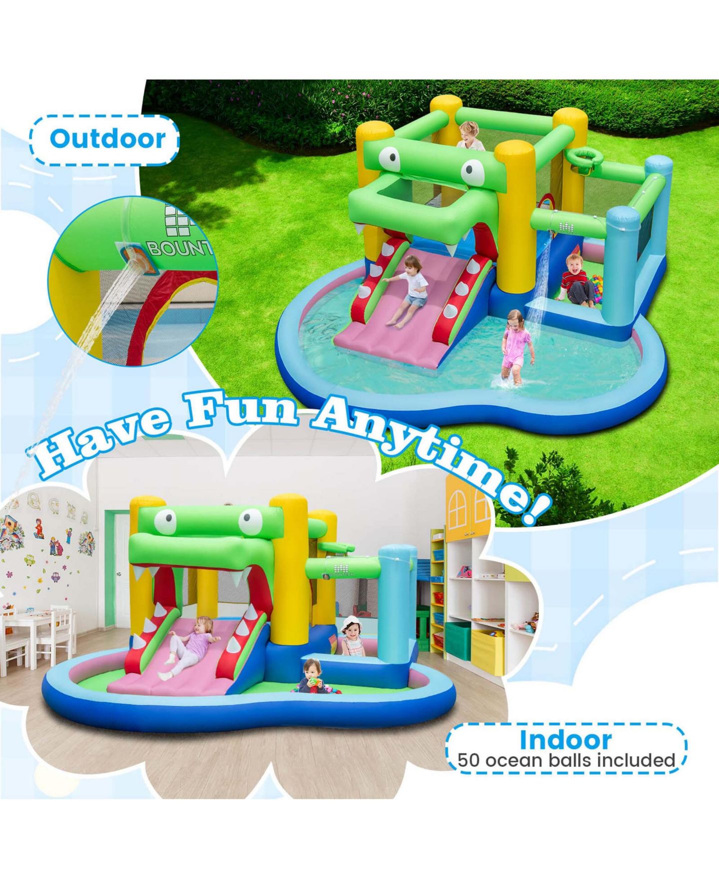 Детская игрушка Costway Crocodile 5-in-1 Inflatable Bounce House with Slide, Pool, Ball Pit & Basketball Hoop, Up to 2 Players, Ages 3-10, цвет: Синий — фото 10