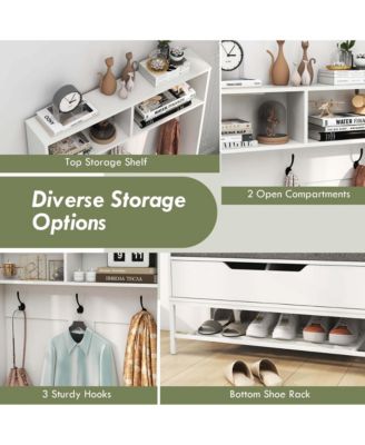 69" Tall Hall Tree with Seat Cushion Open Compartments Hooks Lift-top Storage