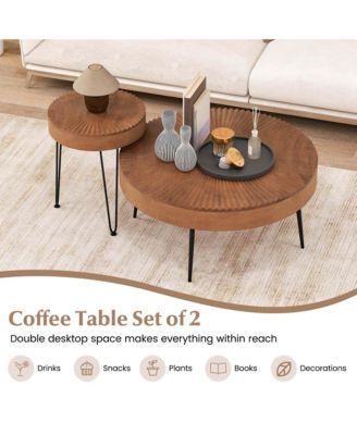 Farmhouse Round CoffeeTable Set of 2 End Table Natural Finish for Living Room Coffee