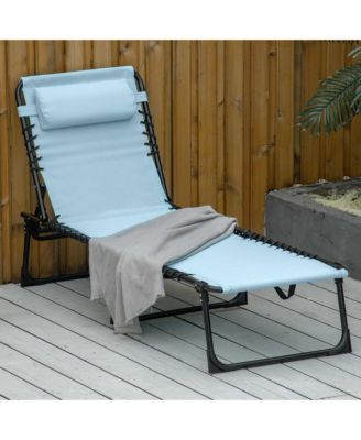 Folding Chaise Lounge Pool Chair, Patio Sun Tanning Chair, Outdoor Lounge Chair w/ 4-Position Reclining Back, Pillow, Breathable Mesh & Bungee Seat for Beach, Yard, Patio, Baby Blue