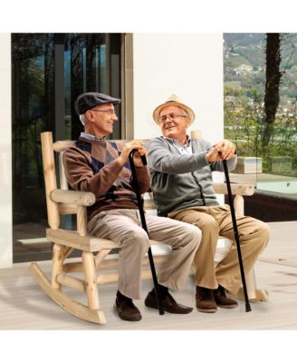 2-Person Wood Rocking Chair with Log Design, Heavy Duty Loveseat with Wide Curved Seats for Patio, Backyard, Garden, Natural