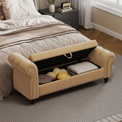 Khaki Velvet Bed Bench with Storage