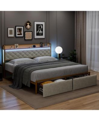 King Size Led Bed Frame with Headboard and 2 Storage Drawers, Upholstered Platform Bed with Charging Station, No Box Spring Needed