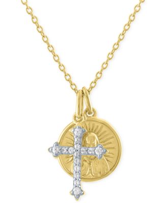 Diamond Cross & Saint Medallion 18" Pendant Necklace (1/10 ct. t.w.) in 14k Gold-Plated Sterling Silver