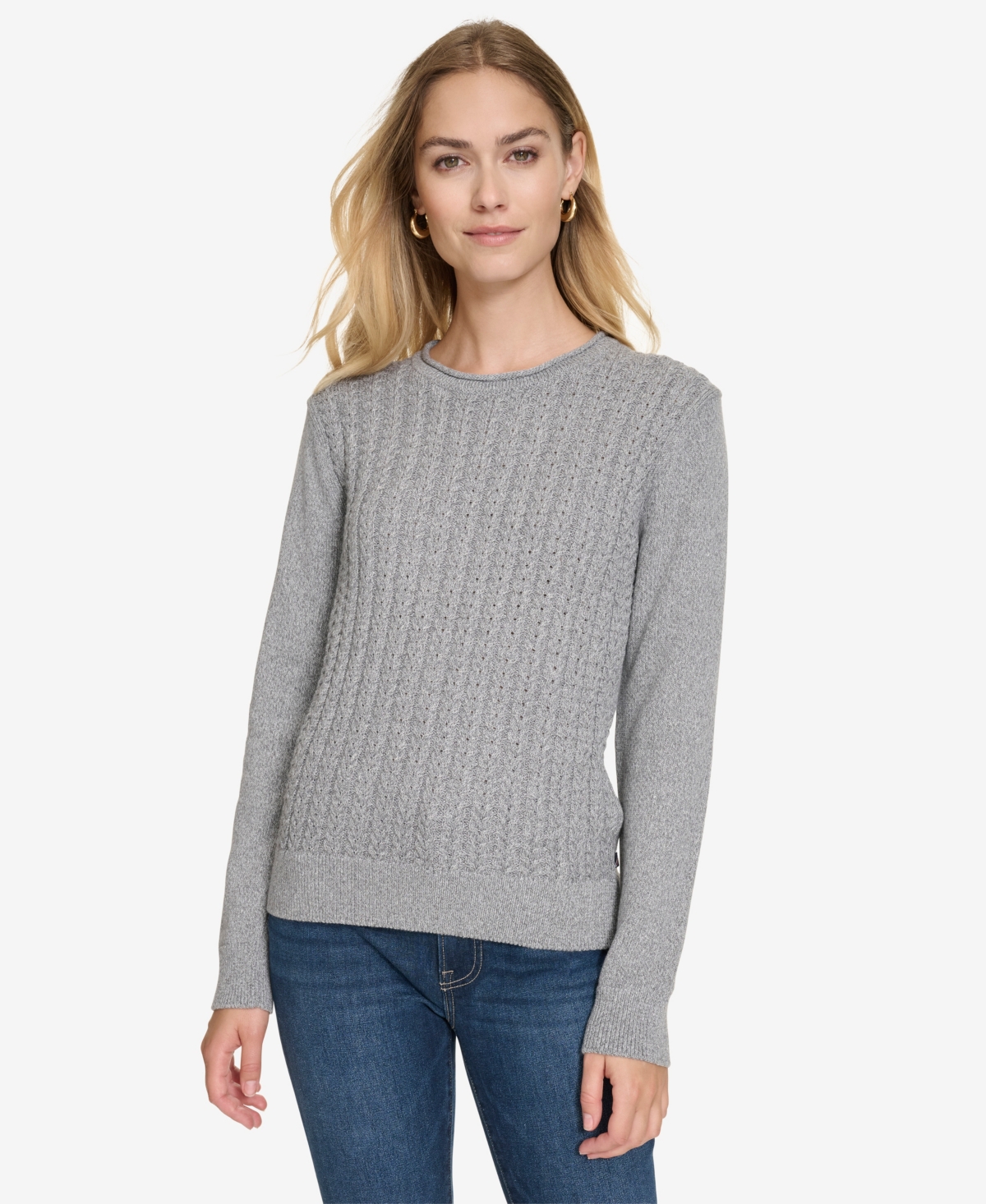 Nautica Jeans Women's Roll Neck Stacked Cable Sweater - Fog Heather