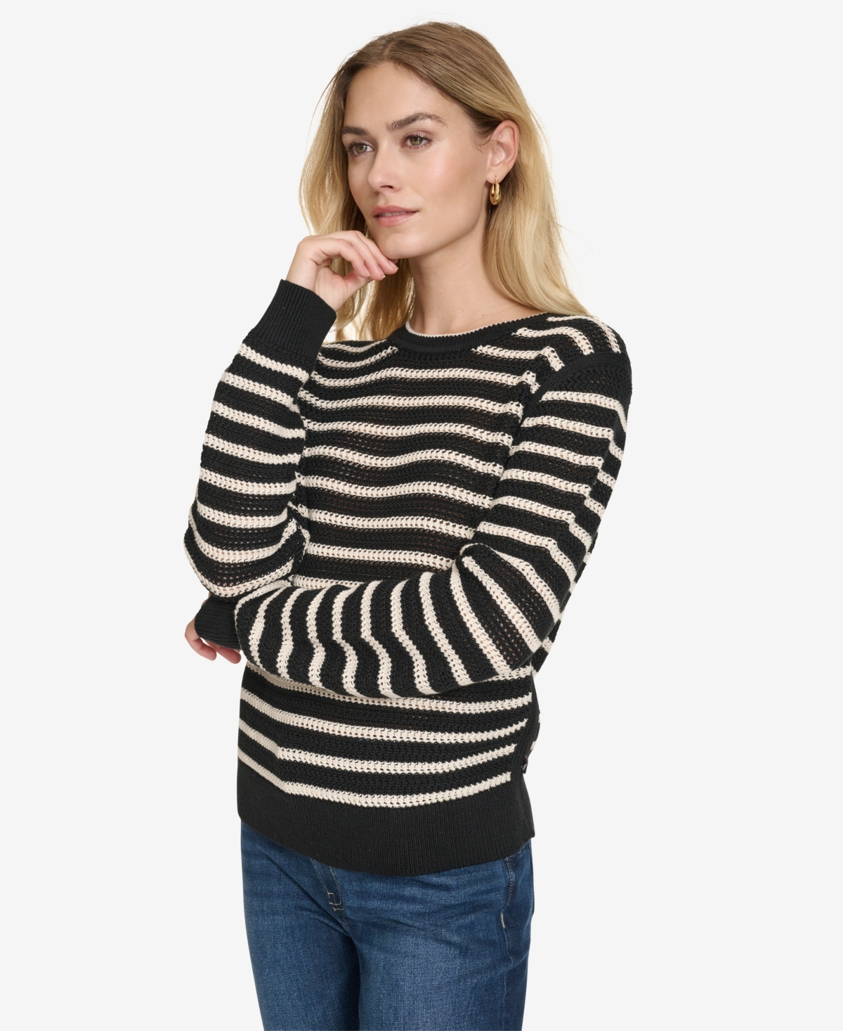 Nautica Jeans Women's Long Sleeves Pointelle Crew Neck Sweater In Black,white Swan