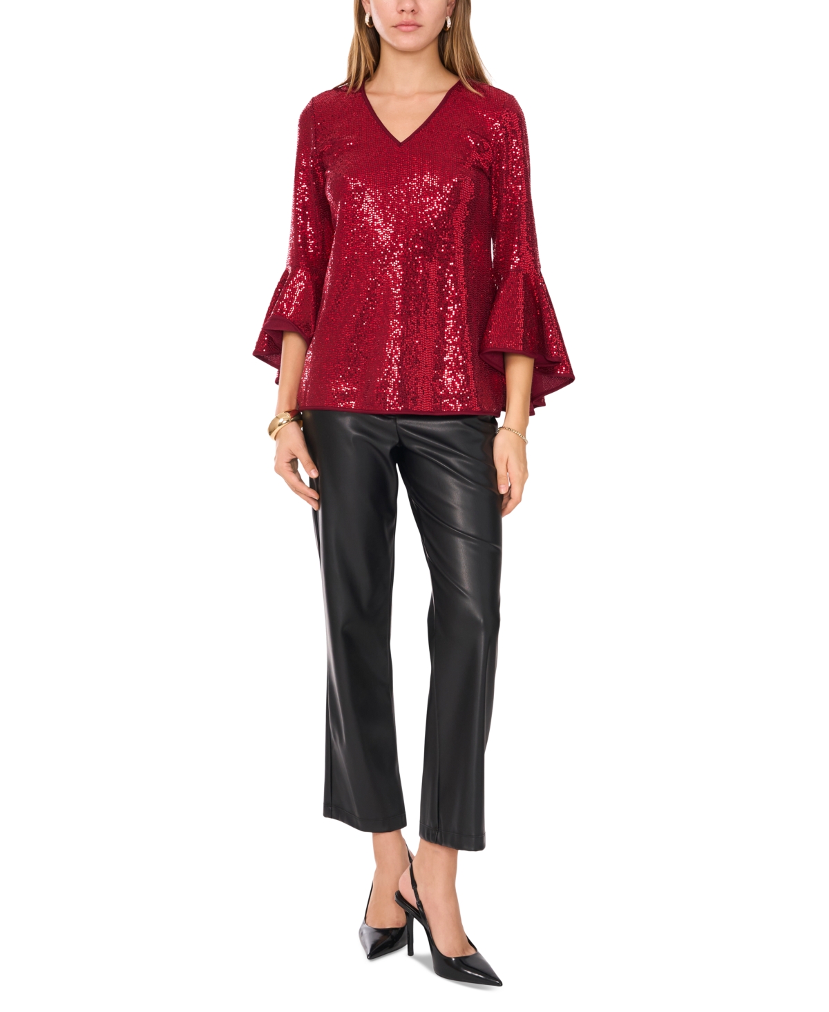 VINCE CAMUTO WOMEN'S SEQUINED V-NECK BELL-SLEEVE TOP 