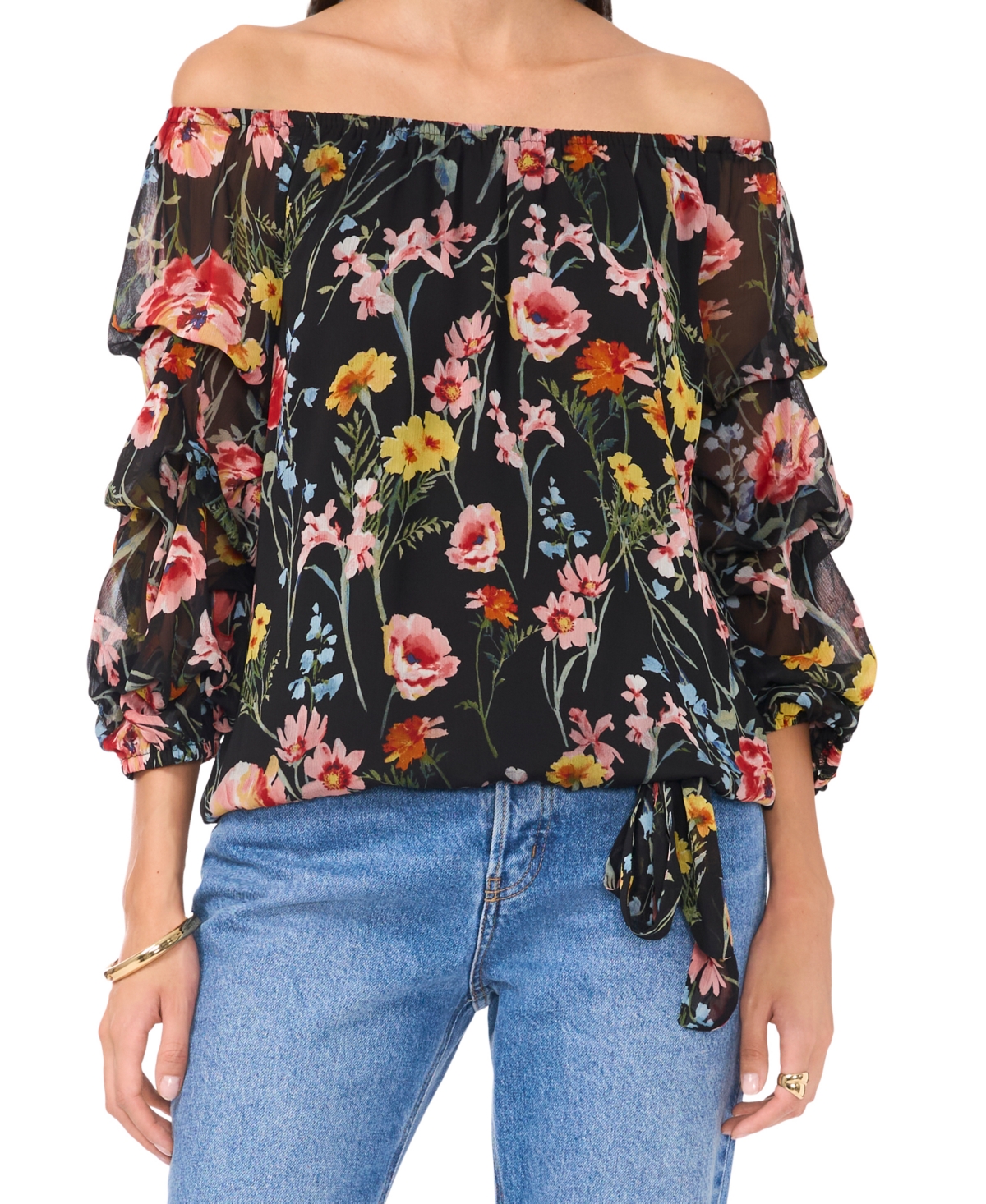 VINCE CAMUTO WOMEN'S FLORAL OFF-THE-SHOULDER BUBBLE 3/4-SLEEVE TIE-FRONT BLOUSE 