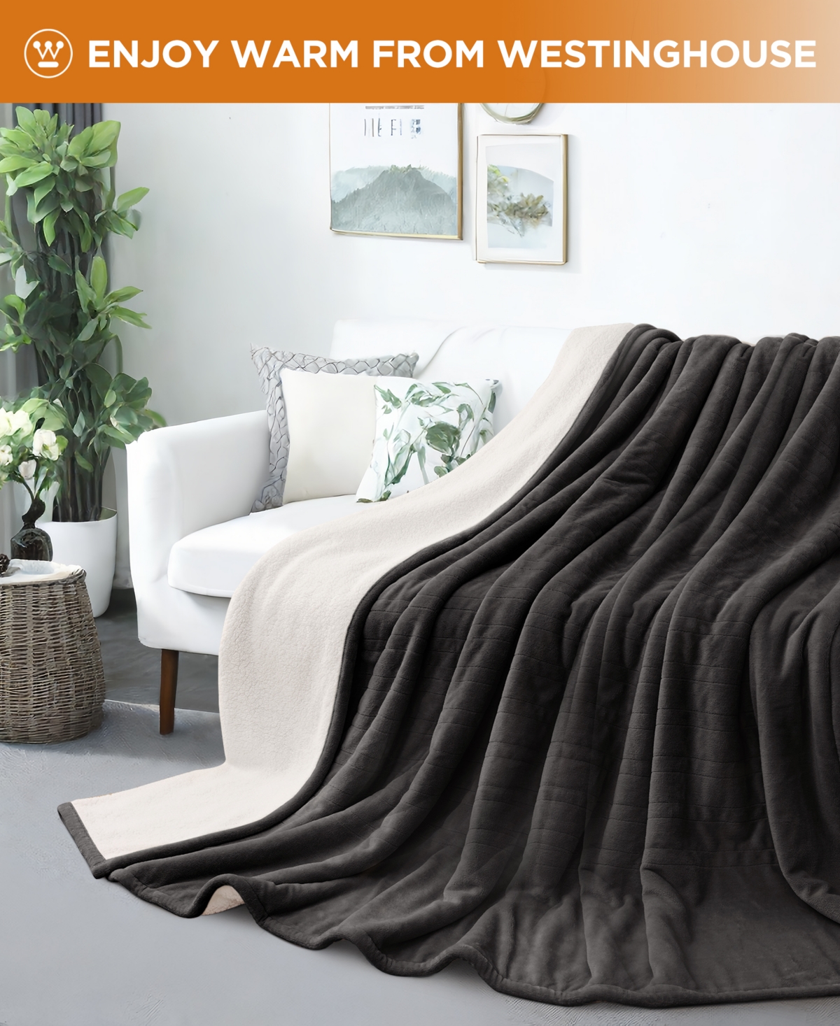 Westinghouse Heated Flannel And Sherpa Blanket, King In Charcoal