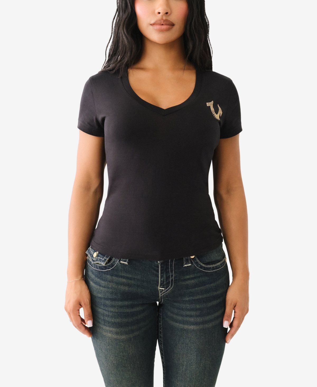 True Religion Women's Studded Horseshoe V Neck Tee