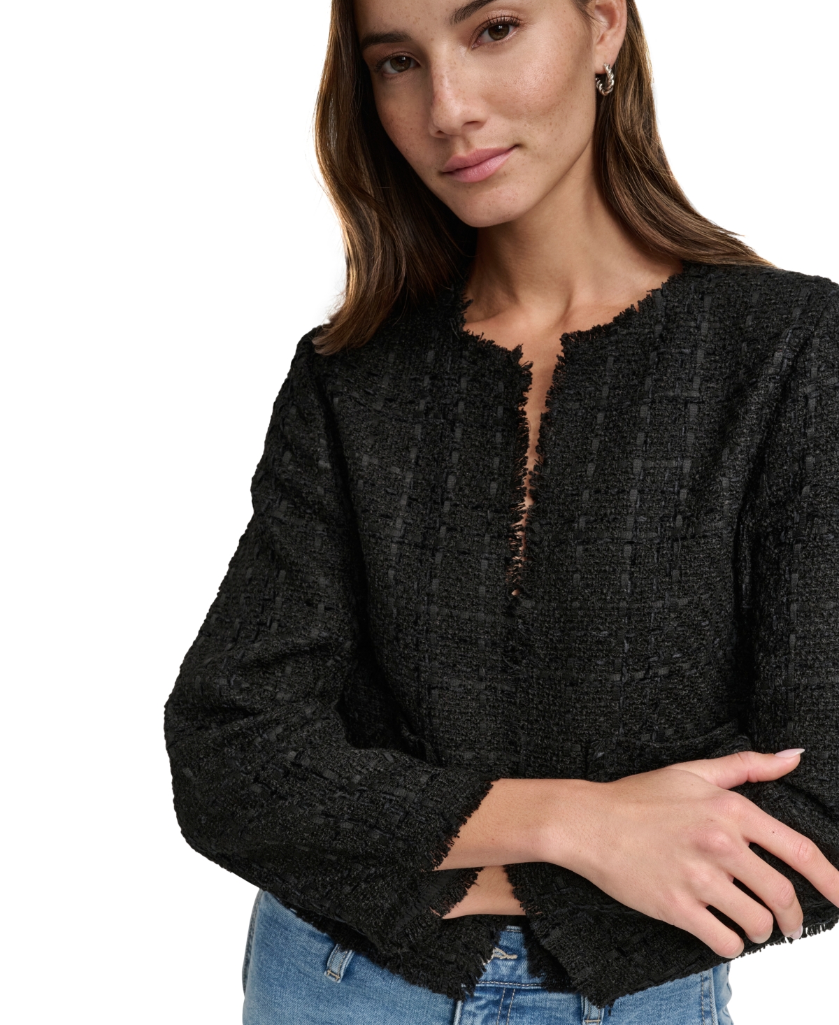 DKNY JEANS WOMEN'S FRAYED CROPPED LONG-SLEEVE JACKET 